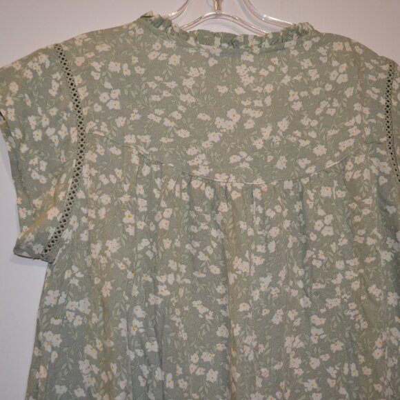 BUFFALO David Bitton Floral White on Green Short Sleeves Lace Tie Neck Blouse S - Picture 5 of 8